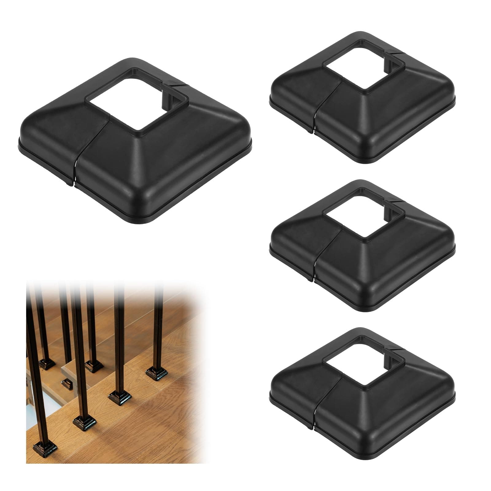 4-Pack Post Base Cover, Fits 1.57"x 1.57" PVC Post Skirt Split Type for Indoor/Outdoor Iron Railing/Wood Posts/Fence/Stairs/Patios/Handrail/Porch Column Wrap Post Trim [Black]