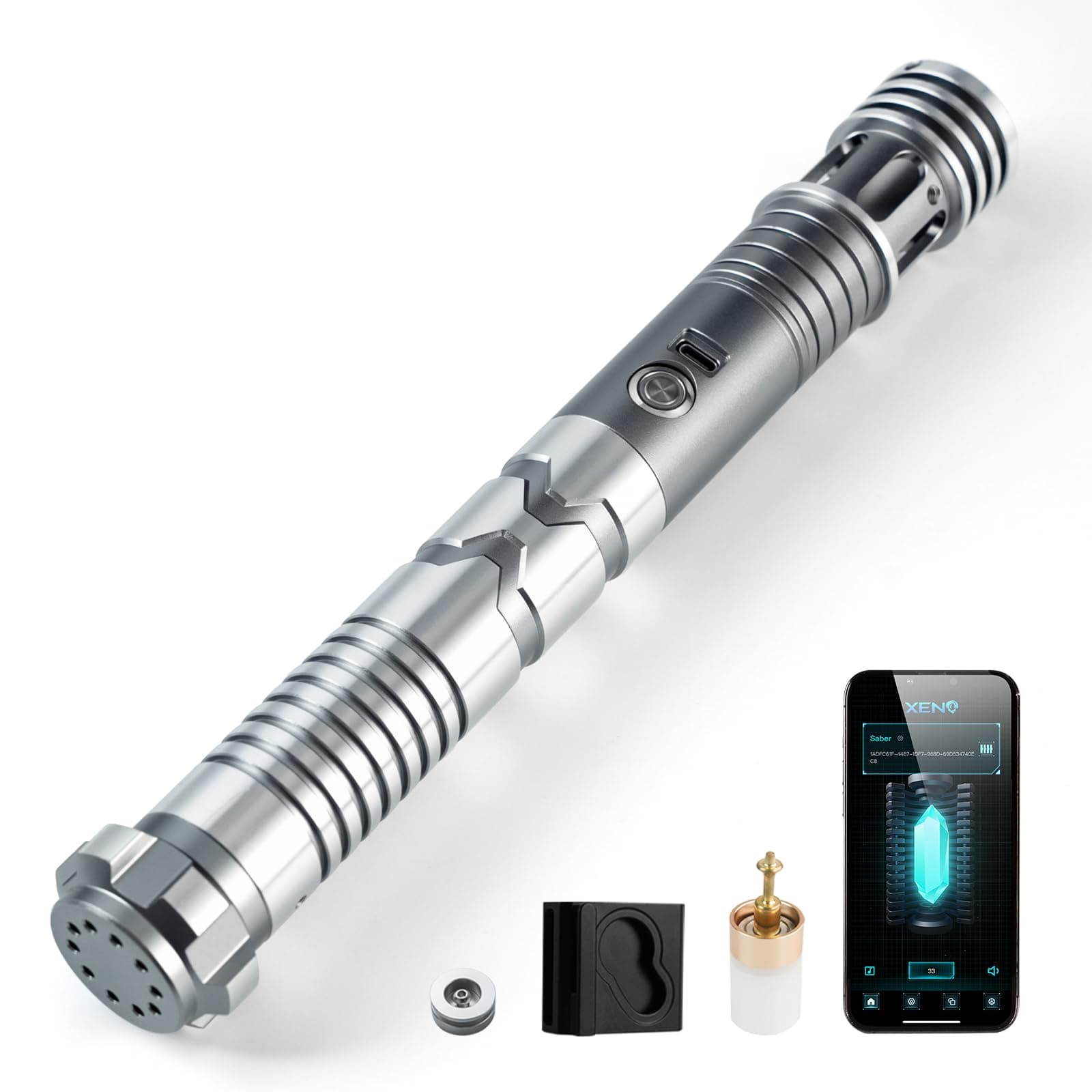 CUSTOM SABER Sensitive Smooth Swing Xenopixel Light Saber, Motion Control to Ignite Blade, 12 Types Blade Mode, 34 Sound Fonts Infinite Color Changing, Rechargeable Light Saber-Gray