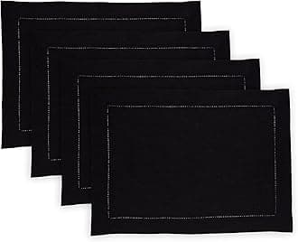 Solino Home Linen Placemats Set of 4 - Medium Weight Hemstitch Black Placemats 14 x 19 Inch - 100% Pure Linen Table Place Mats for Winter, Mothers Day
