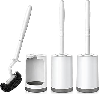 HAMITOR Toilet Bowl Brush Holder Set: Curved Design with Holder for Deep Cleaning Under Rim - Compact Hidden Scrubber for Small Space - Modern RV Bathroom Accessories - 3 Pack