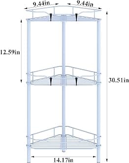 3 Tier Floor Standing Corner Shower Caddy Organizer Shelf with Hooks, Bathroom Shelves Stand Rack, Blue