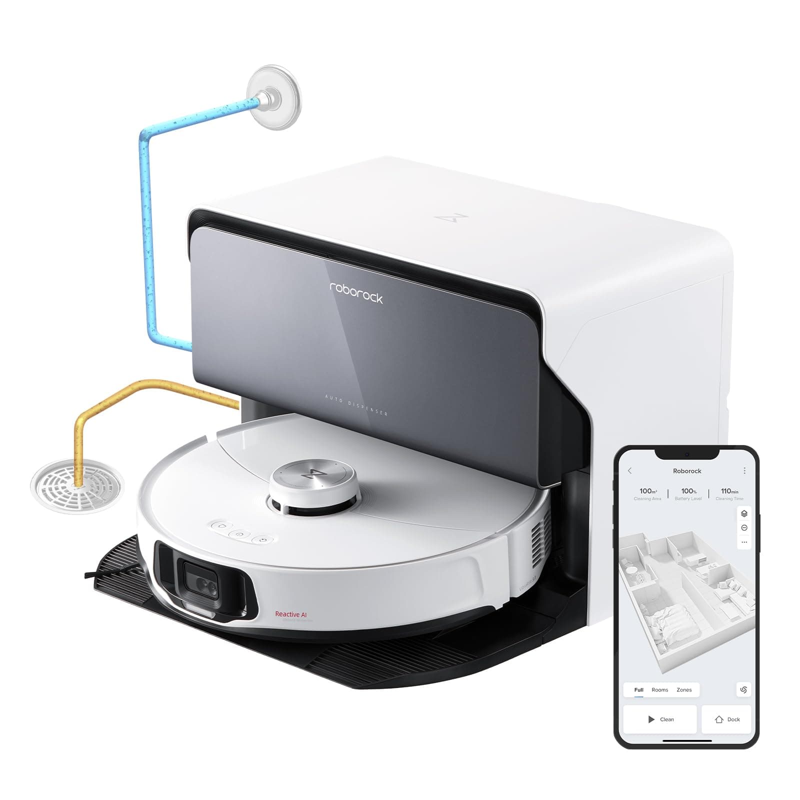 roborock S8 MaxV Ultra with Refill & Drainage System Robot Vacuum and Mop, FlexiArm Design, Auto Mop Washing&Drying, 10000Pa Suction, Obstacle Avoidance, 20mm Auto Mop Lifting, Smart Dirt Detection