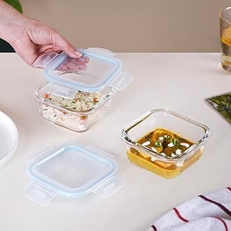 Nestasia Transparent Glass Lunch Box for Women and Men Set of 2 (300ml), Borosilicate, Microwave and Dishwasher Safe, Airtight and Leak-Proof Tiffin Containers with Safety Lock