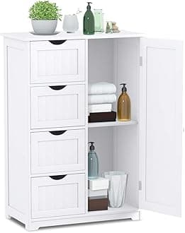 CASARTStorage Cabinet, Bathroom Floor Cabinet with 1 Cupboard and 3/4 Drawers, Wooden Freestanding Cupboard for Living Room, Bathroom, Entryway and Office (White, with 4 Drawer)