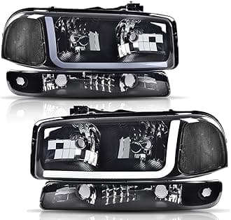 LED DRL BAR Headlights Assembly, Compatible with 1999-2006 GMC Sierra /2000-2006 GMC Yukon, Headlamps Smoky Lens Black Housing Clear Reflector
