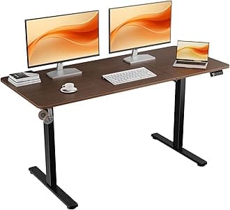 ERGOMAKER Electric Standing Desk, 140 x 60 cm Height Adjustable Sit Stand Desk with Splice Board for Home Office, Computer Table Memory Preset (Black Frame, Walnut Desktop)