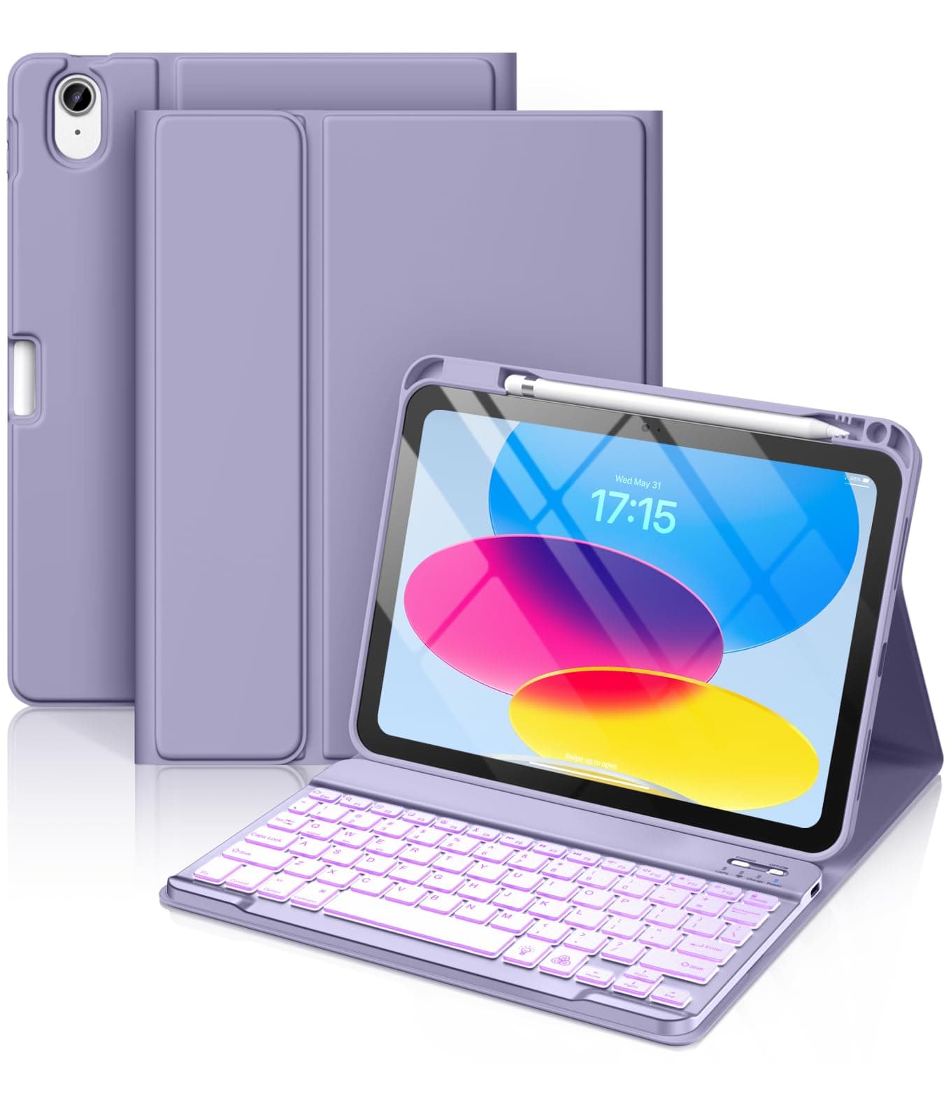 Hamile for iPad 11th 10th Generation Case with Keyboard - 7 Colors Backlit Wireless Detachable Folio Keyboard Cover with Pencil Holder for iPad 11-inch A16 2025 10th Gen 10.9 Inch 2022 (Lavender)