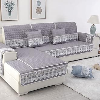 vctops Farmhouse Solid Color Sofa Slipcover Non Slip L Shape Sofa Cover Lace Trim Plaid Quilted Sectional Couch Cover Furniture Protector Cover for Pets Kids Children Dog Cat (Gray,36"x36")