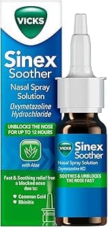 Vicks Nose Spray, Sinex Soother, Decongestant Nasal Spray For Blocked Nose Due To Cold Or Rhinitis, With Aloe Vera, Natural Eucalyptus Extract, Blocked Nose Relief With A Menthol Scent, 15 ml