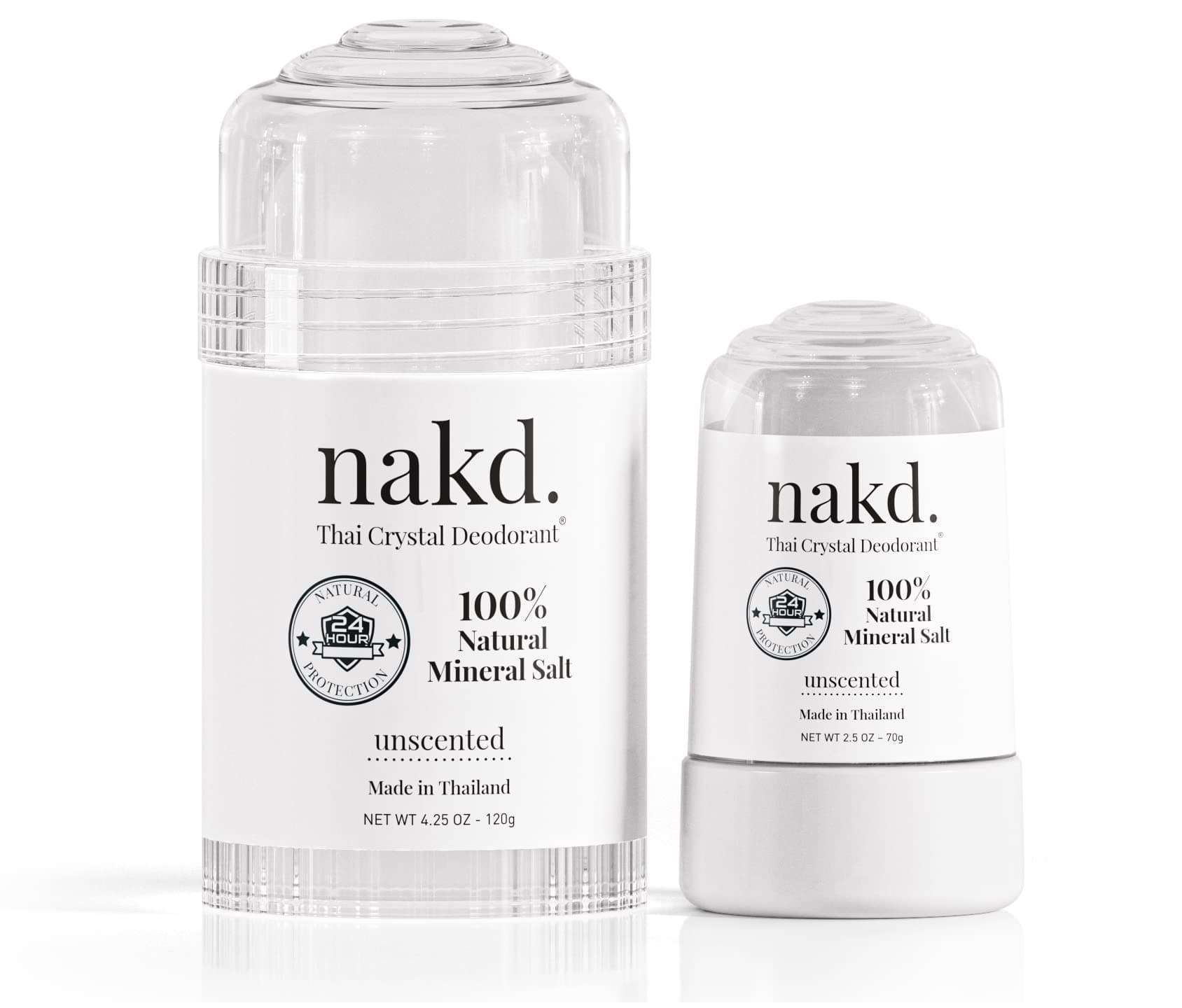 nakd. Thai Crystal Deodorant Stone – 2 Salt Crystal Deodorant Sticks, 4.25 oz. Regular + 2.5 oz. Travel Size – All Natural Unscented and Aluminum Free for Women & Men