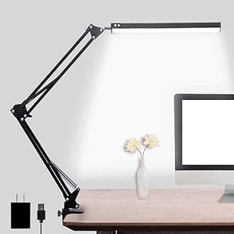 LED Desk Lamp, Adjustable Swing Arm Lamp with Clamp, Eye-Caring Reading Desk Light, 10 Brightness Levels, 3 Lighting Modes, Memory Function Desk Lamps for Home Office with Adapter (Black)