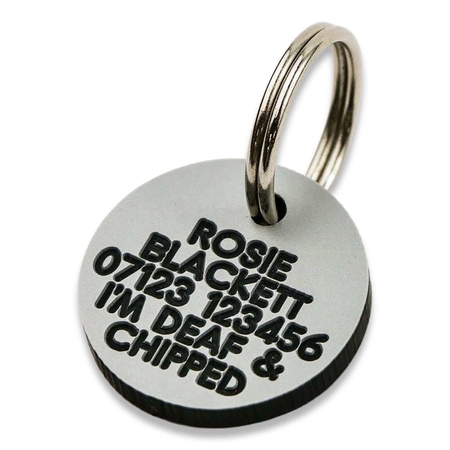 Engraving Studios Deeply engraved silver plastic 21mm circular dog tag