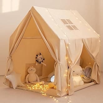 Kids Play Tent,Large Indoor Play House with Star Lights,Flags and Tote Bags, 52" x 47" Gift for Girls and Boys, Use for Reading Nook, Playroom, Sleepover Tent