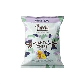 Purely Plantain Chips - Low Fat Plantain Crisps - Gluten Free Snacks - Healthy Alternative Snack Multipack - Vegan, Nutritious & All Natural - Wild Garlic - 28g x 20 Pack