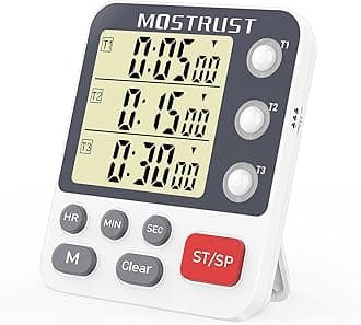 Digital Dual Kitchen Timer, 3 Channels Countdown Triple Timer for Cooking, Magnetic Memory-Preset Large Display Adjustable Alarm Volume, Multi Times Management, 3A Battery Included, White