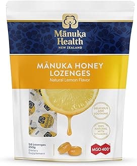 Manuka Health Manuka Honey Cough Drops – 58 Natural Lemon Flavored Throat Lozenges Infused with Raw Manuka Honey and Vitamin C for Immune Support
