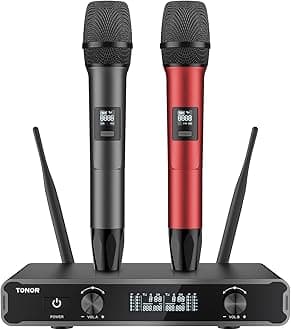 TONORWireless Microphone Systems, Dual 2x15 adjustbale UHF Channels Micro Kit, Metal Handheld Dynamic Singing Mic 200ft with Receiver for Karaoke, DJ Party, Church, Wedding, Speech, PA TW450 Grey&Red