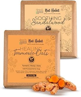 Nat Habit Sandalwood De-Tan & Turmeric Oats Bath Soap Combo | Cold-Processed Ayurvedic Soaps with Rakt Chandan & Haldi | Body Tan Removal, Skin Brightening| Handmade Soap for Women & Men | 125g Each