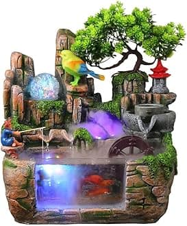 Tabletop Water Fountains Home Office Desktop Waterfall Rockery Water Fountain with Fake Plants Feng Shui Decor for Good Luck Wealth (Type 7)