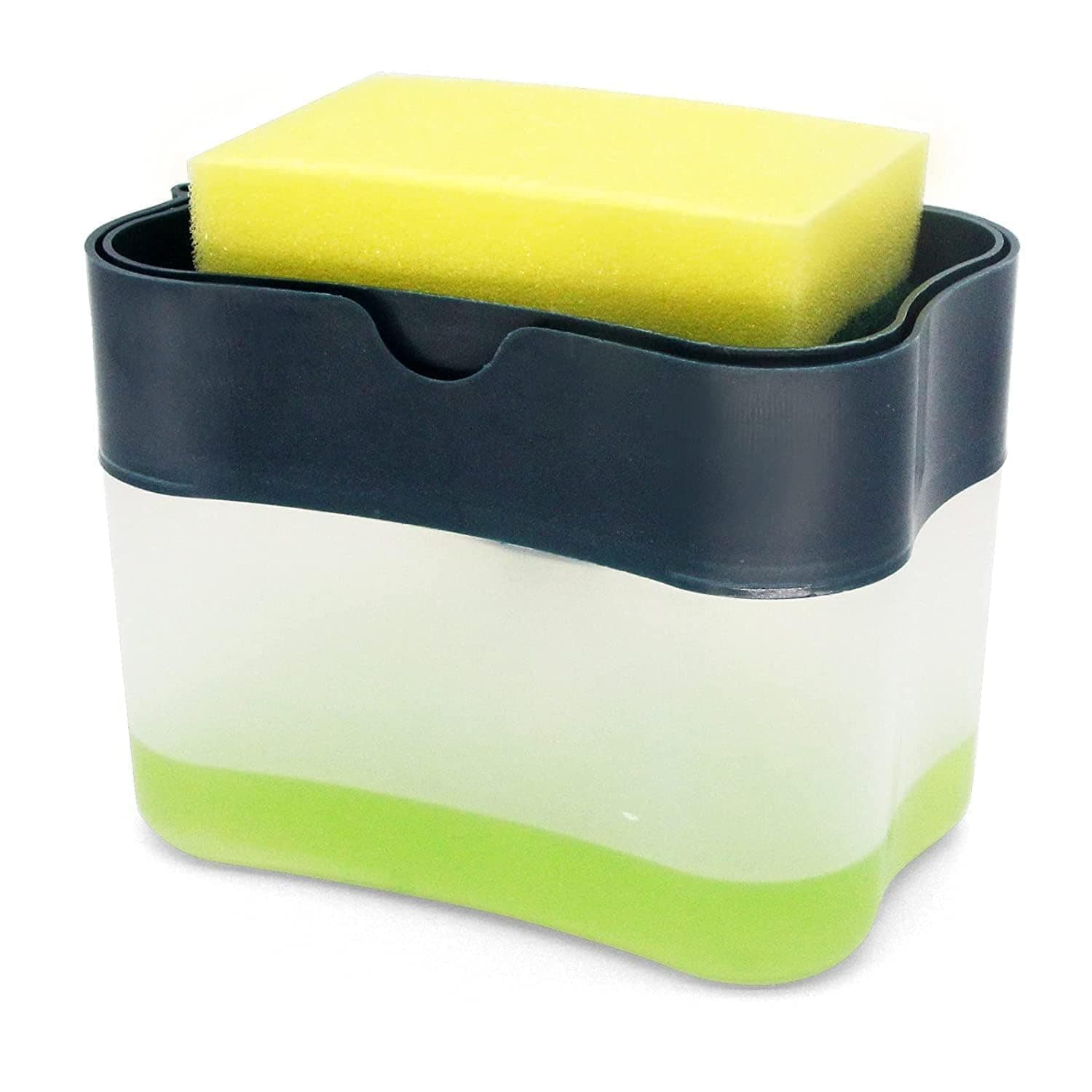 SKY-TOUCH 2 In 1 Sponge Rack Shelf Soap Detergent Dispenser Pump, Large Capacity With Sponge, 1 Hand Operation