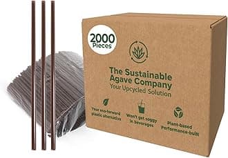 Sustainable Agave Co - Agave Fiber Unwrapped Drinking Straws - 2000 Count - Plant-Based, Made With Upcycled Materials, Reusable - Brown, Regular, 8"