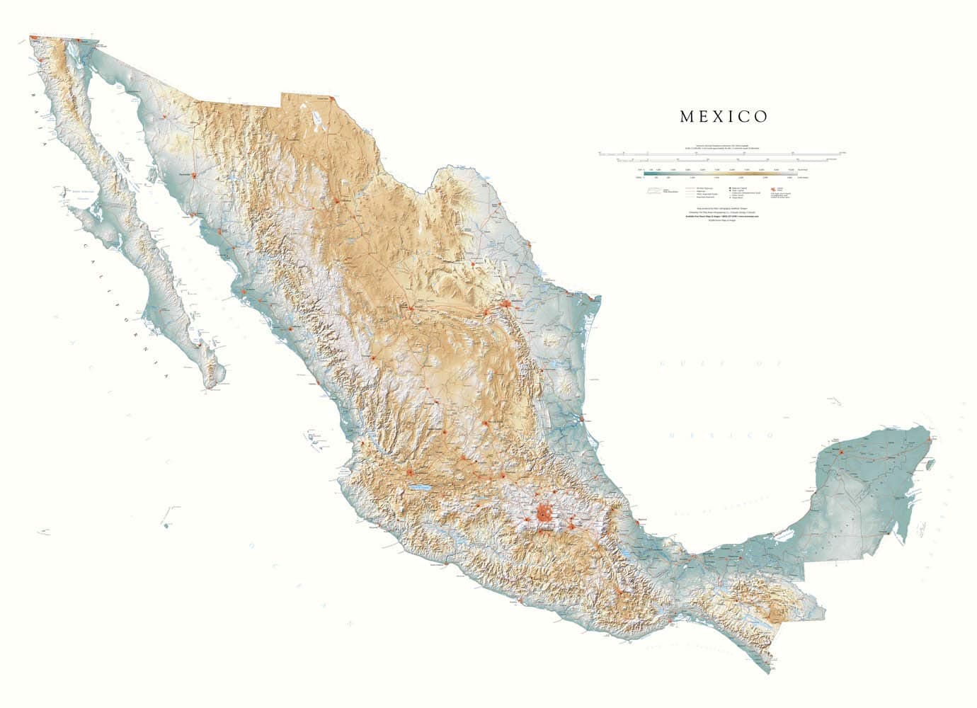 Mexico Topographic Wall Map, Laminated Print