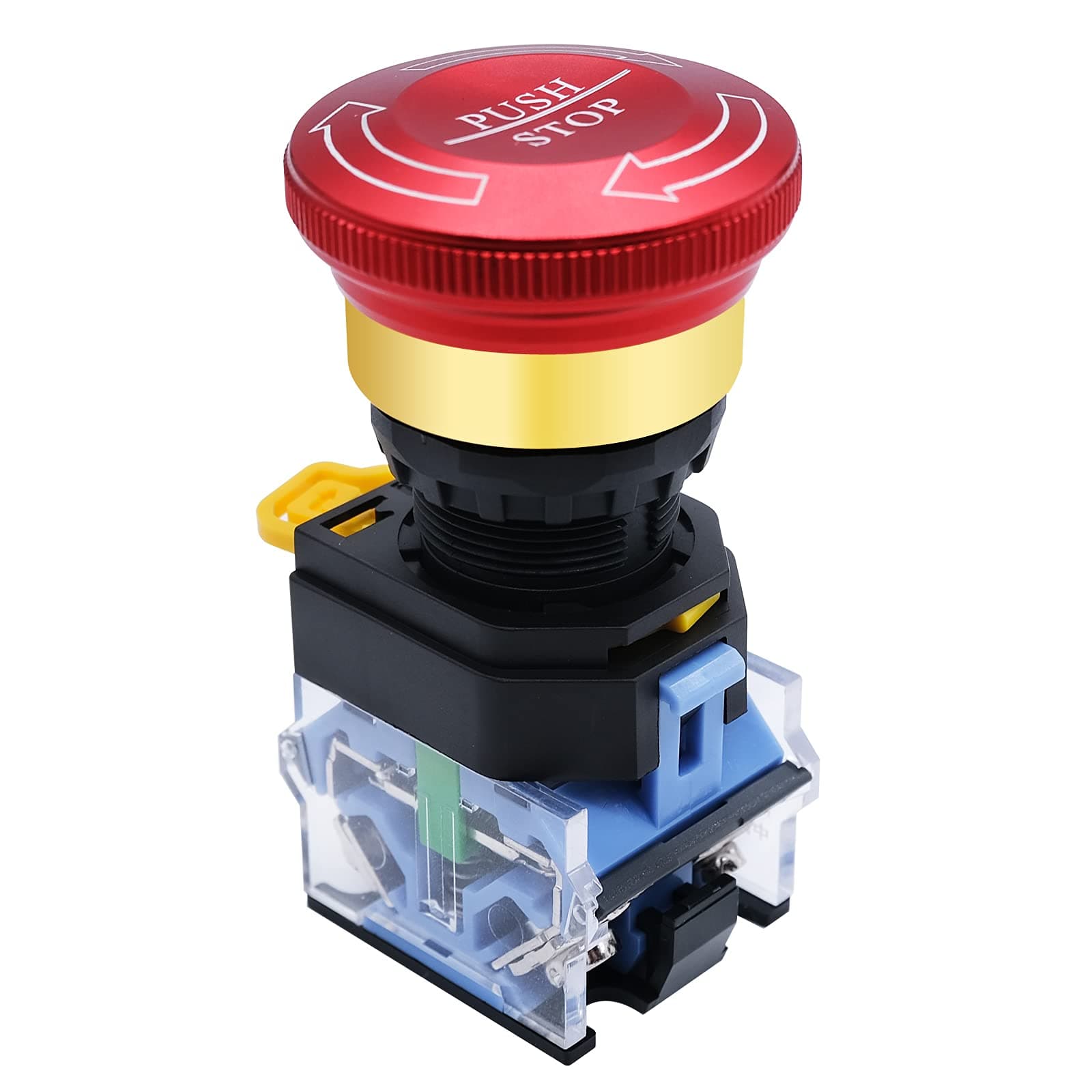 22mm Metal Latching Emergency Stop Push Button Switch e Stop Button Emergency Shut Off Switch 1NO 1NC 600V 10A LA38A-11ZS/A-DT