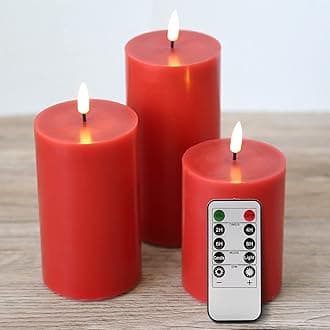 EywamageRed Flameless LED Pillar Candles with Remote, Flickering Wax Battery Operated Christmas Candles Set of 3
