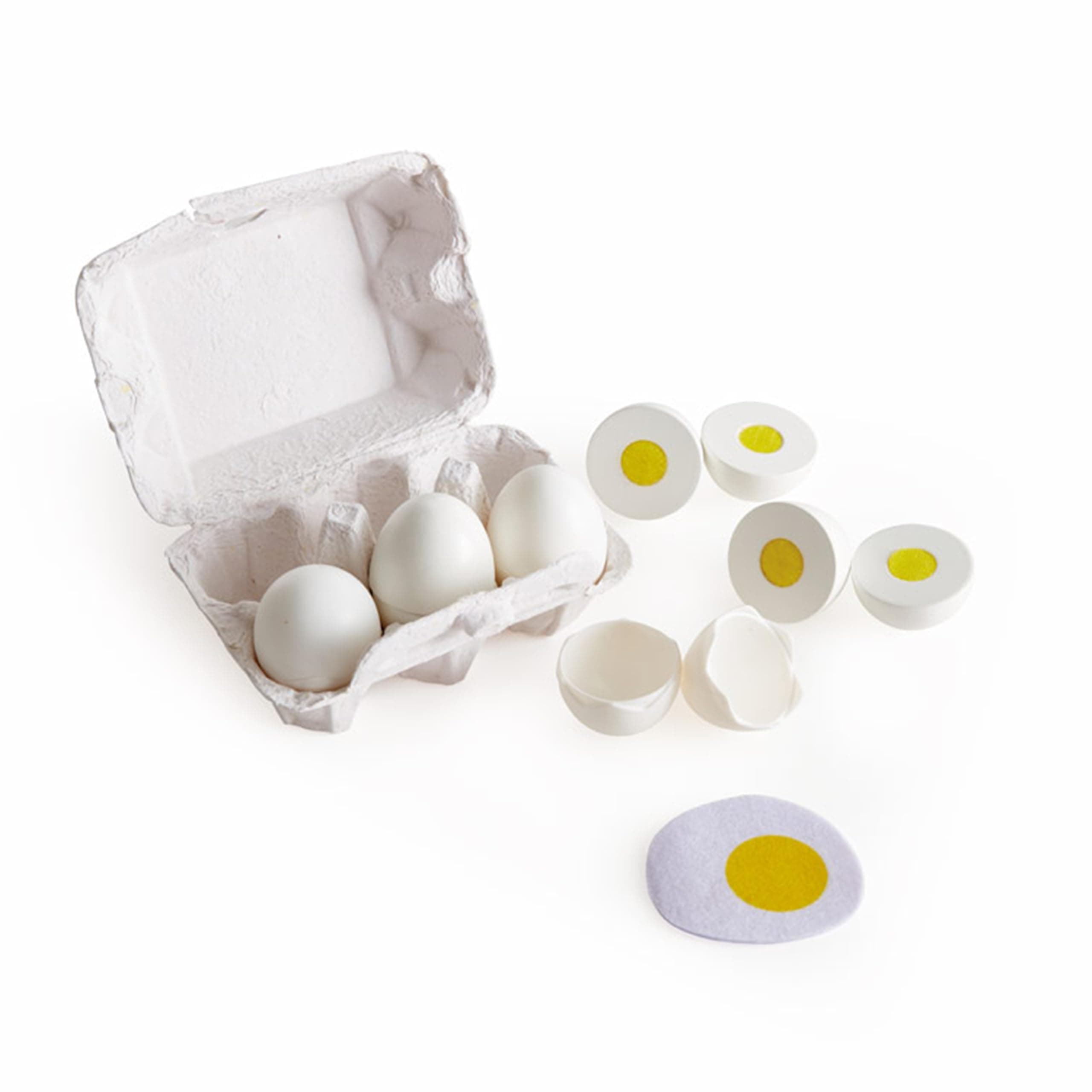 Egg Carton | 3 Hard-Boiled Eggs with Easy-Peel Shell & 3 Fried, Wooden Realistic Educational Toy for Children 3+, White and Yellow (E3156)