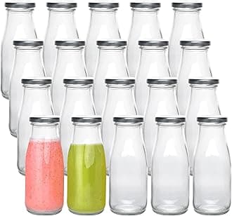 QAPPDA 12 oz Glass Bottles, Clear Glass Milk Bottles with Silver Metal Lids, Vintage Breakfast Shake Clear Container, Vintage Drinking Bottle with Whiteboard Labels and Pen for Party,Kids,Set of 20