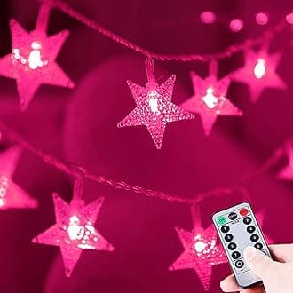 HUGSVIK 50 LED Pink Star String Lights Battery Operated, 8 Modes Star Lights for Bedroom with Remote Timer, Pink Christmas Lights for Bedroom Kids Tent Christmas Valentine's Day Decor