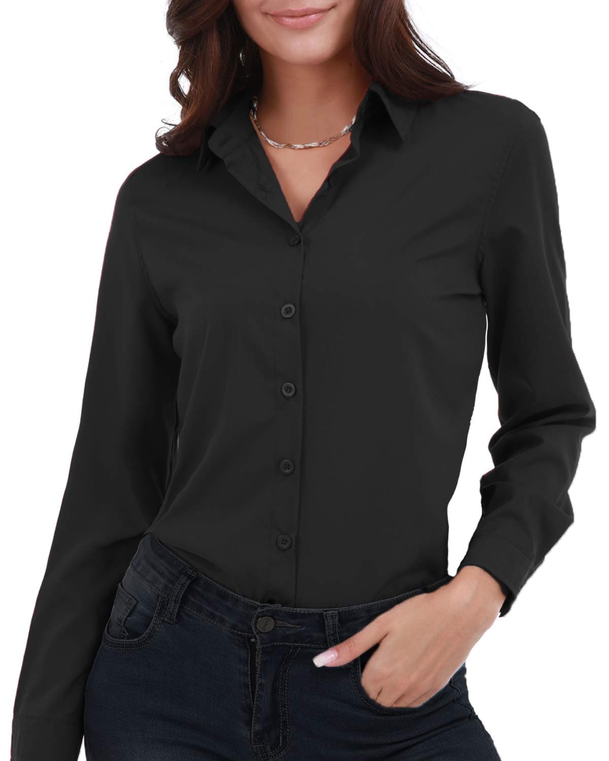GemollyWomen's Basic Button Down Shirts Long Sleeve Plus Size Simple Stretch Formal Casual Shirt Blouse