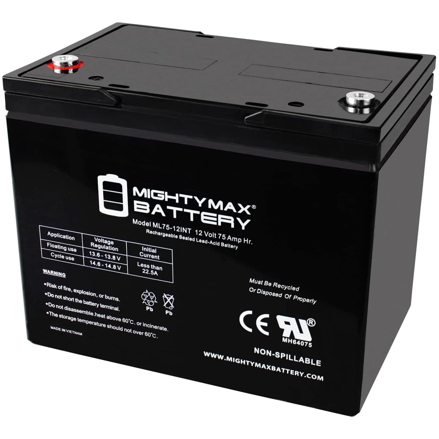 ML75-12INT -12 Volt 75 AH, Internal Thread (INT) Terminal, Rechargeable SLA AGM Battery