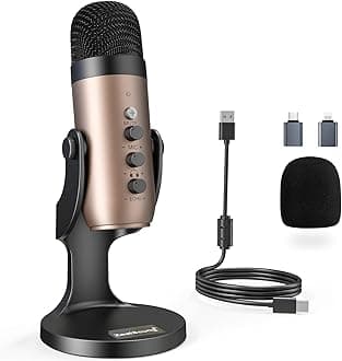 USB Microphone,Condenser Computer PC Mic,Plug&Play Gaming Microphones for PS 4&5.Headphone Output&Volume Control,Mic Gain Control,Mute Button for Vocal,YouTube Podcast on Mac&Windows(Gold)