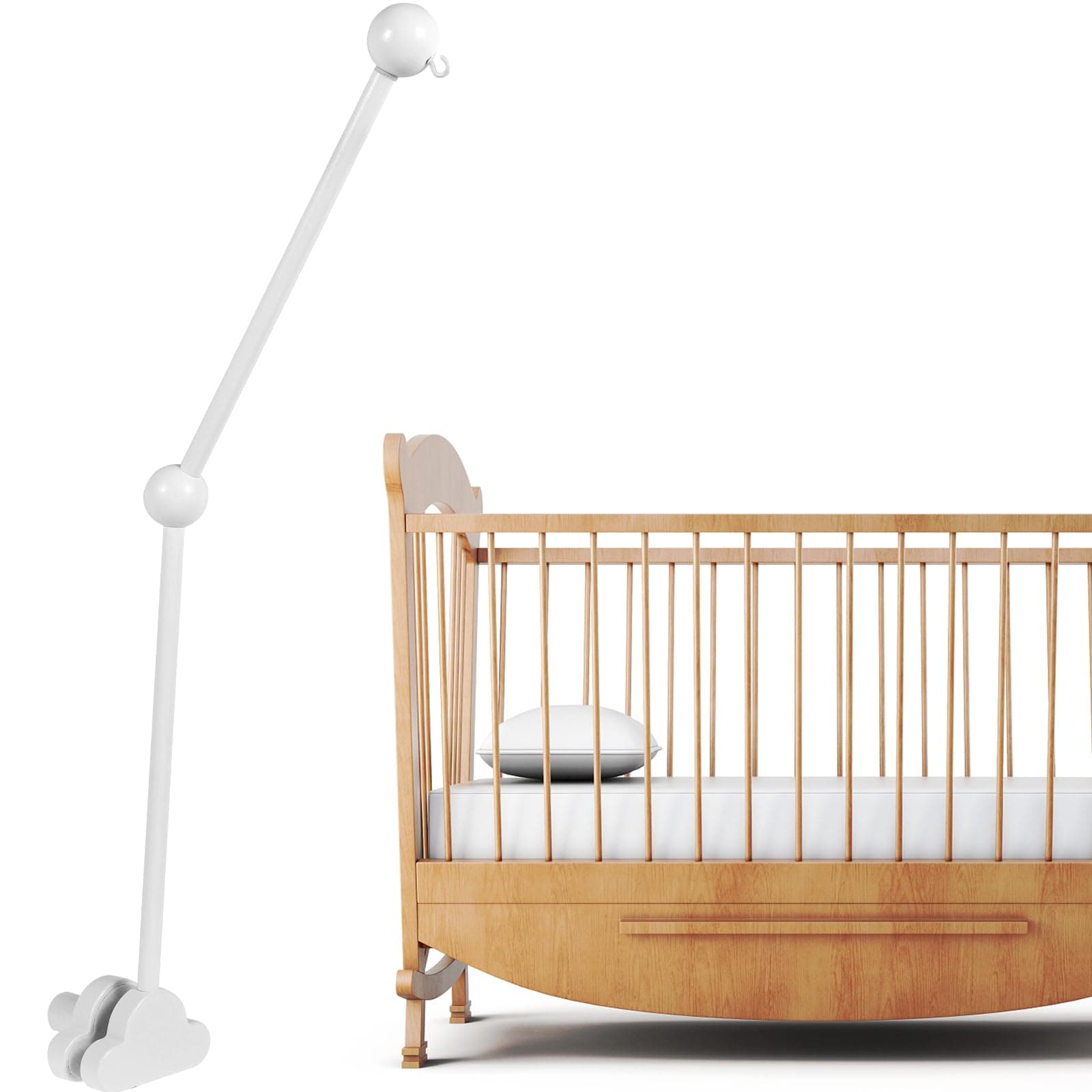 Baby Crib Mobile Arm, Adjustable Angle and Height, Cot Mobile Arm Wooden for Nursery Decor Mount Bed Bell Holder (White)