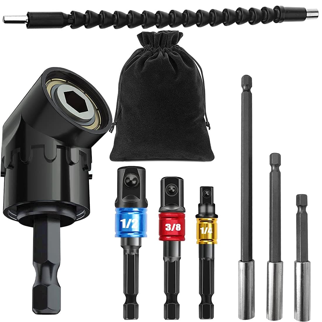 Impact Grade Sockets Adapter Driver Extension Set: 3Pcs 1/4 3/8 1/2" Hex Shank Drill Nut Driver Bit,105 Degree Right Angle Screwdriver Attachment,Flexible Shaft Extension Bit,Magnetic Bit Holder Set