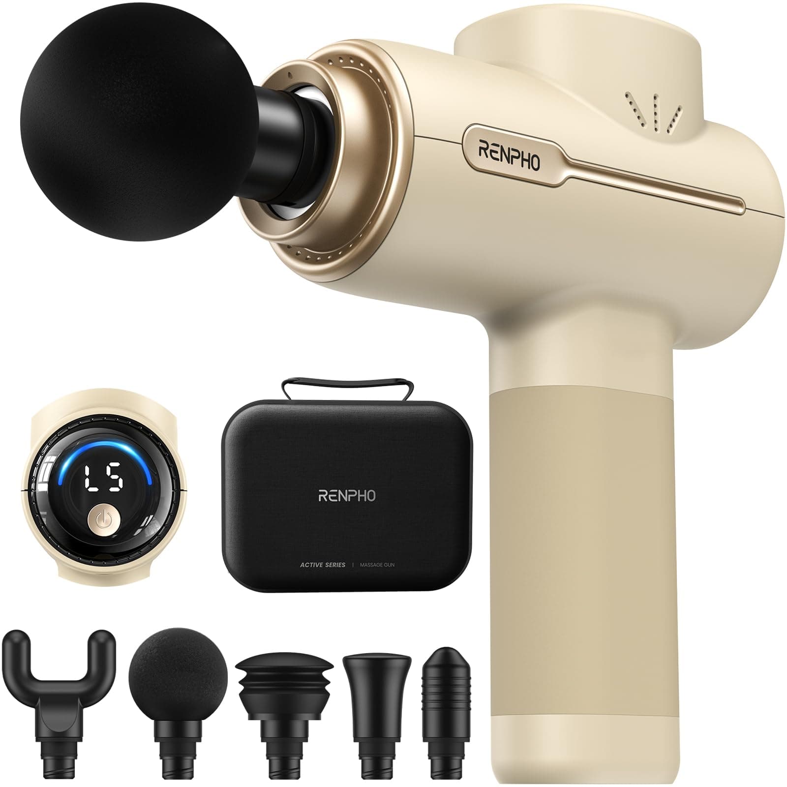 Active Massage Gun, Deep Tissue Percussion Back Massager for Neck, FSA Approved, Portable Handheld Massager with 5 Speeds, HSA, 5 Attachments, Carry Case, Beige