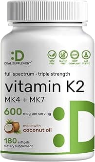 DEAL SUPPLEMENT Vitamin K2 Supplement 600mcg, 180 Coconut Oil Softgels | Full Spectrum High Absorption MK-7 & MK-4 Forms | Bone, Joint, & Immune Support – Non-GMO