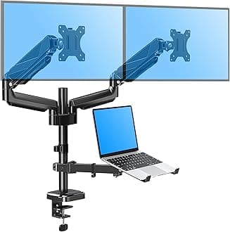 MOUNTUP Dual Monitor and Laptop Mount, Adjustable Monitor Stand for 2 Max 27" Computer Screens, Laptop Tray Fits 10-17inch Notebook, Holds 4.4-17.6lbs Per Arm, 3-in-1 Adjustable Monitor Desk Mount