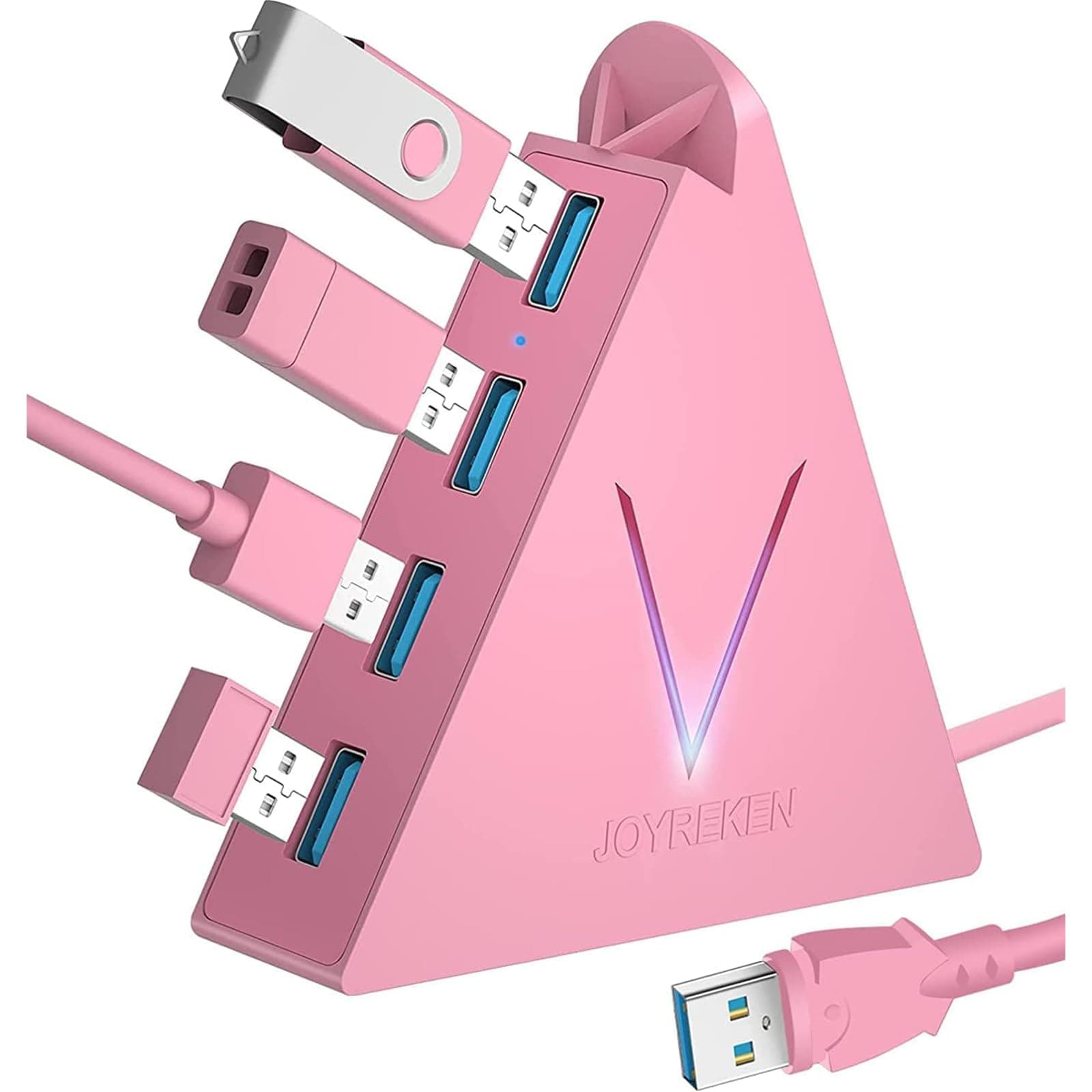 4-Port USB 3.0 Hub, FlyingVHUB Vertical Data USB Hub with 2 ft Extended Cable, for Mac, PC, Xbox One, PS4, PS5, iMac, Surface Pro, XPS, Laptop, Desktop, Flash Drive, Mobile HDD(Pink)