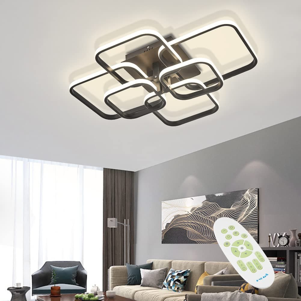 LED Dimmable Ceiling Lights with Remote, Chandelier Light with 6 Squares - Flush Mount Ceiling Lamp for Living Room, Kitchen, Office, Bedroom, Dining Room (2800k-6000k, Black, 10-20㎡)
