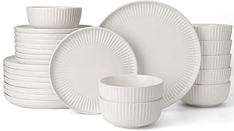 Famiware Starlight Dinnerware Sets, Plates and Bowls Dish Set of 8 (24 Pieces), Ribbed Textured Tableware - Dishwasher & Microwave Safe, Chip Resistant, Reactive Glaze, Matte Reactive White