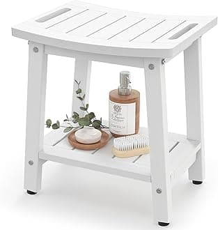 Shower Bench for Inside Shower - White HDPE Shower Stool Waterproof - Spa Bathroom Seat Chair with Handle, Storage Shelf, Adjustable Feet - Indoor/Outdoor, Weather Resistant