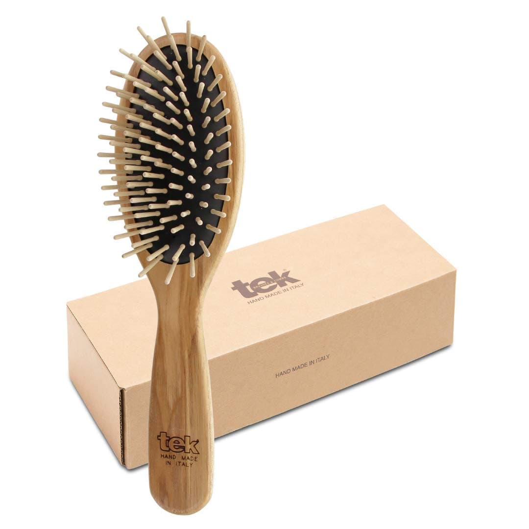 TEK – Large Oval Wooden Brush with Short Pins – Handmade in Italy with Sustainable and Vegan Materials – Safe for All Hair Types Wet or Dry – Gentle Detangler & Anti-Static Properties