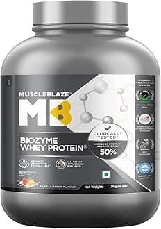 MuscleBlaze Biozyme Whey Protein Powder, Blend of Whey Isolate & Concentrate | 25g Protein, 11.8 g EAA & 5.5g BCAA Per Scoop (Magical Mango, 2kg / 4.4lbs)