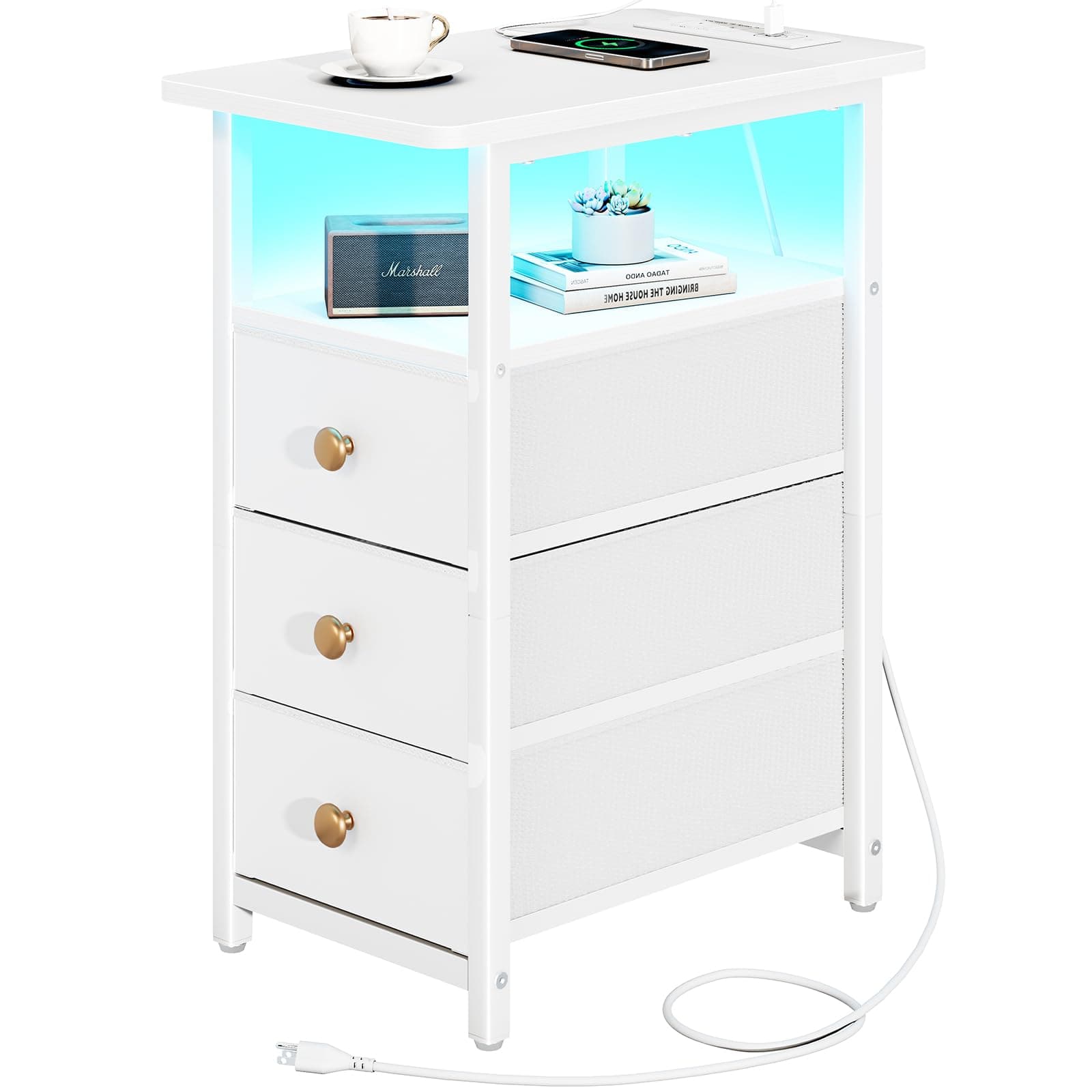 Yoobure End Table with Charging Station, LED Narrow Side Table Bedside Table, Small Night Stand End Tables Living Room, Skinny Nightstand with 3 Fabric Drawers, Side Tables Bedroom for Small Spaces