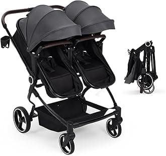 GarveeLife Side by Side Double Stroller for Twins, Lightweight Compact Foldable Baby Travel Stroller with High Landscape Seat, Adjustable Canopy & Recline for Infant and Toddler, Dark Grey