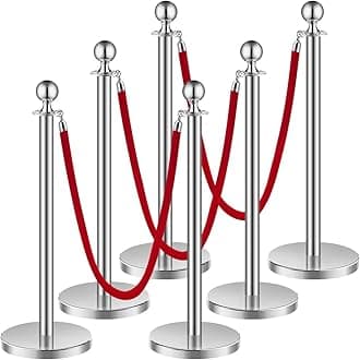 VEVOR Stanchions and Velvet Ropes 6Pcs, Hollow Base with Stainless Steel Post, 3 Red Velvet Ropes and Posts, Crowd Control Barriers Silver Stanchions, Red Carpet Runner Poles for Party Supplies