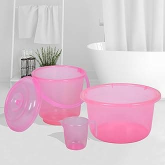 Kuber Industries Set of 3 Bathroom Combo Set | Bathroom Set | Tub-25 L with Bucket-13 L & Mug-1100 ml Bathing Set for Bathroom | Modern Bathroom Accessories Set | Transparent Pink