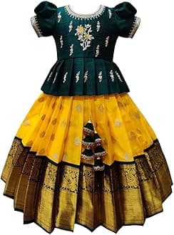 White Button New south Indian traditional pattu pavadai Jecquard Lehenga choli for girls dress